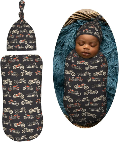 Sets Motorcycles On Black Background Newborn Swaddle Blankets Hat Soft Baby Receiving Blanket Swaddle Sack for Baby