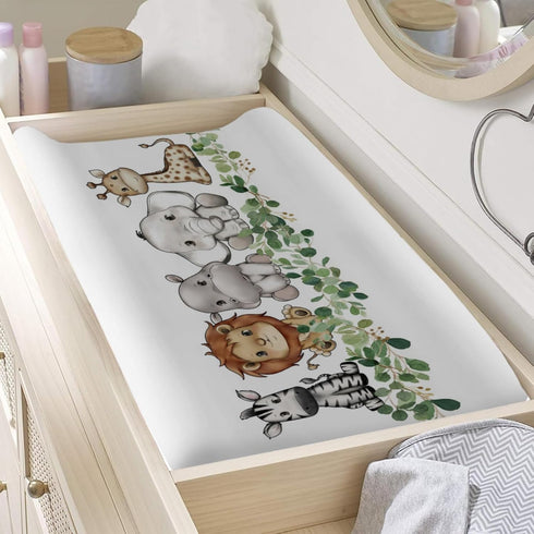 Baby Jungle Safari Animals Changing Pad Covers, Eucalyptus Leaves, Lion, Elephant, Zebra, Giraffe, 32''x16''