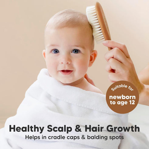 Set Keababies Baby Hair Brush and Comb and Baby Washcloths - Wooden Brush with Soft Goat Bristle - Towels