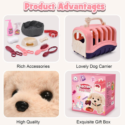 G.C 13Pcs Interactive Stuffed Dog Toys for Kids Girls - Walking Barking Plush with Carrier & Accessories Playset