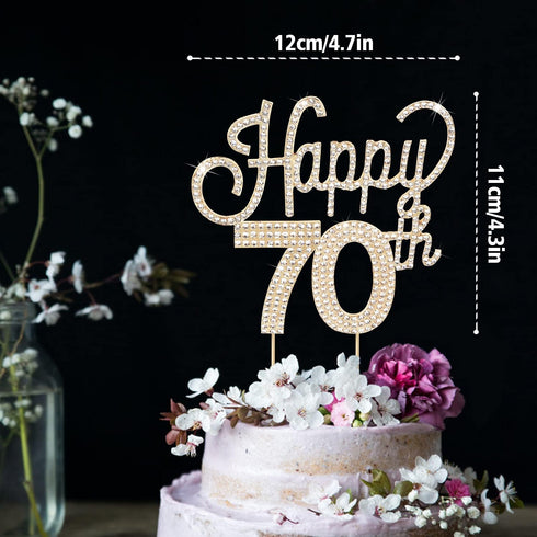 LINGTEER Happy 70th Birthday Gold Rhinestone Cake Topper, Cheers to 70th Birthday Party Decorations