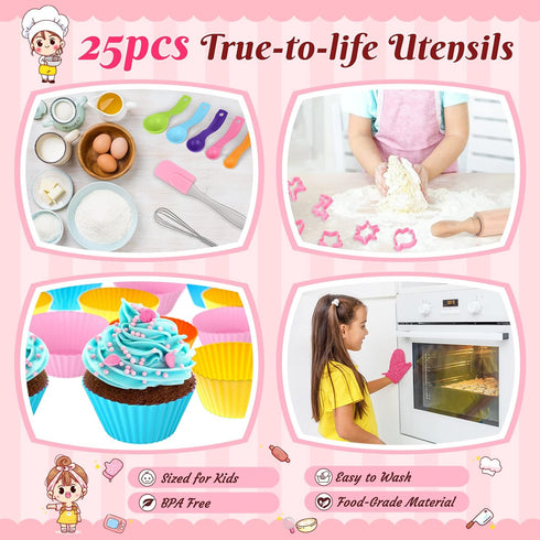 GIFTINBOX Kids Cooking and Baking Chef Set, 25PCS with Kids Apron, Chef Hat & Utensils, Birthday Toys for 3-8 Yr Olds