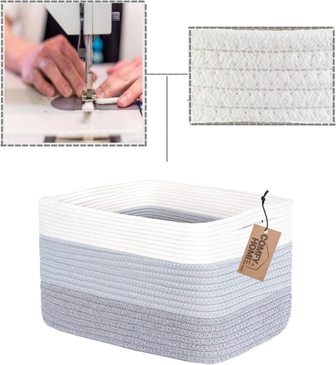 COMFY-HOMI Cotton Rope Woven Basket, 13.5"x11"x9.5" Toy Organizer with Handles for Shelves, White/3Tone Grey