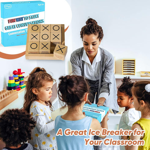 Conversation Cubes with Tic Tac Toe Game - Wooden Block for Family Game Night and Therapy Icebreaker