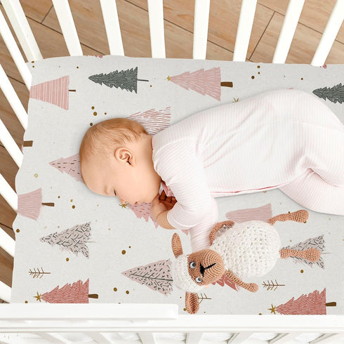 Sheet,52x28IN Pfrewn Christmas Crib Sheets for Boys Girls Pink Pastel Christmas Trees Star Gold Glitter Fitted Crib