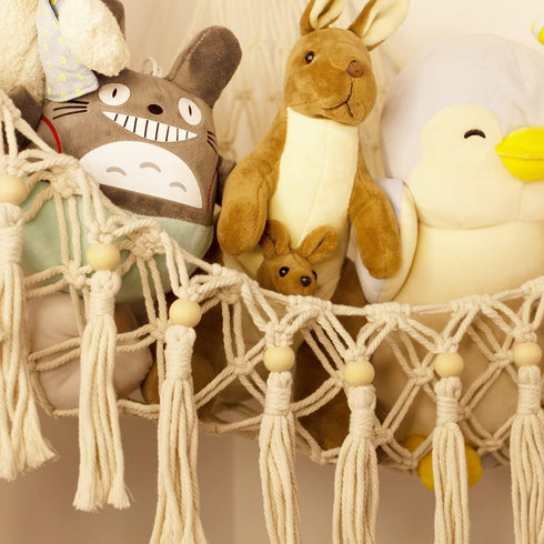 Stuffed Animal Toy Storage Hammock with LED Light, Macrame Jumbo Doll Corner Organizer for Kids Baby Nursery Decor