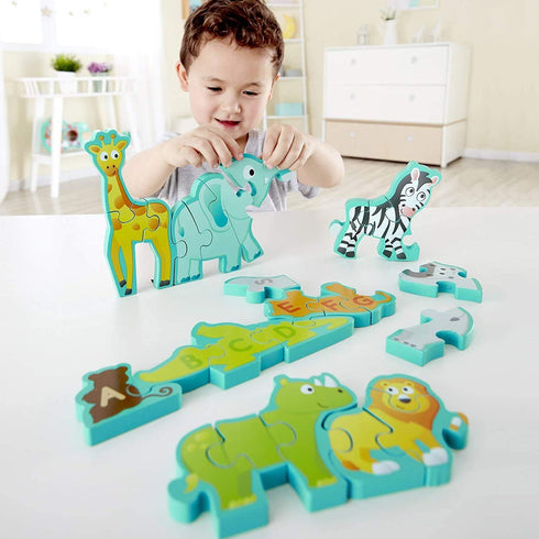 Hape Wooden Animal Parade Building Blocks Alphabet Puzzle Playset - Educational for Children 3 Years and Up