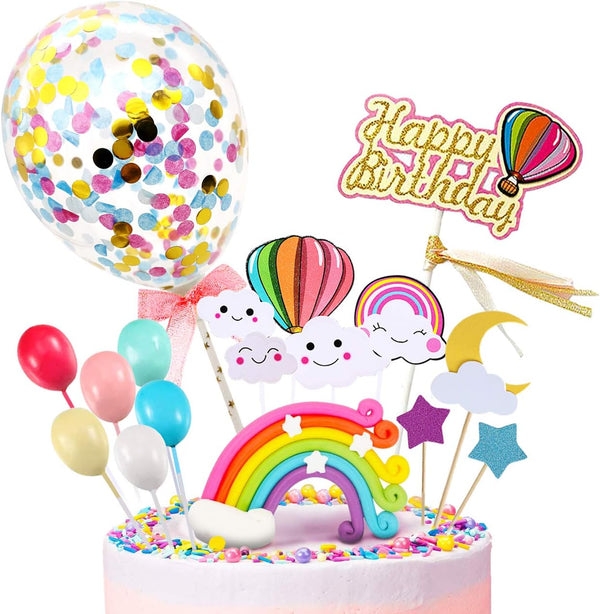 MOVINPE Happy Birthday Cake Topper, Rainbow Cloud Decoration with Confetti Balloons for Kids
