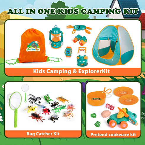 FUN LITTLE TOYS Kids Camping Set, Pop Up Play Tent with Battery Lantern and Drawstring Bag for Indoor Outdoor Pretend