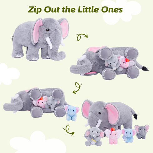 OUOZZZ 4 Set 14" 6.3" Elephant Stuffed Animal with Baby Elephants Interactive Plush Toy with Crinkly Ears, Rotating