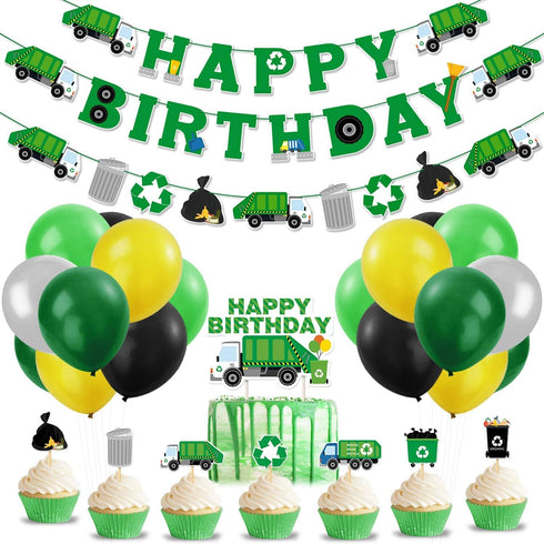 Bessmoso 56 Pcs Garbage Truck Birthday Decoration, Trash Truck Banner, Latex Balloons, Cake Topper, Baby Shower Supplies