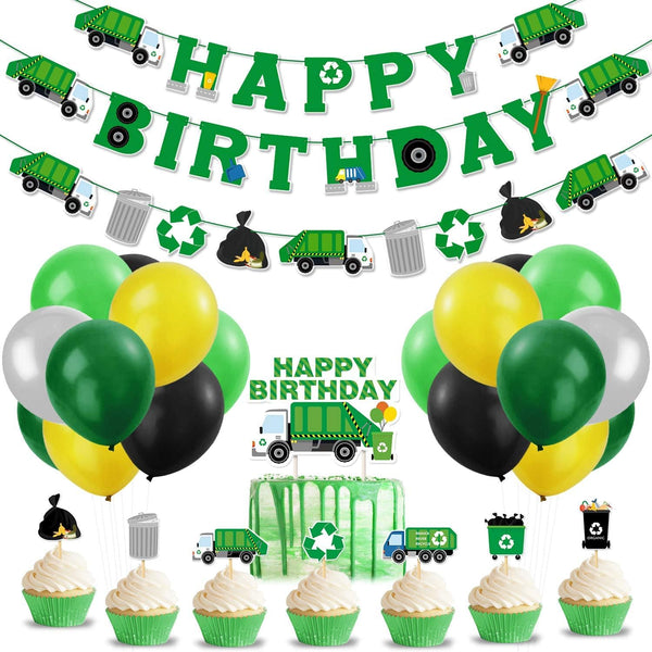 Bessmoso 56 Pcs Garbage Truck Birthday Decoration, Trash Truck Banner, Latex Balloons, Cake Topper, Baby Shower Supplies