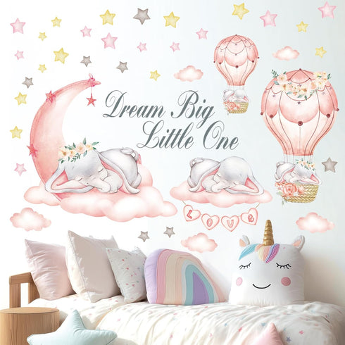 (SG-2203) DECOWALL Dream Big Little One Wall Decals Elephant Moon and Stars Nursery Wall Stickers, Peel and Stick