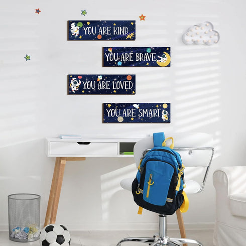 4 Yookeer Pcs Space Room Decor for Kids Boys Outer Space Wall Art Bedroom Decor for Nursery Classroom Astronaut Galaxy