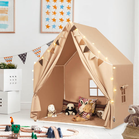 Kids Play Tent with Padded Mat & Star LED Lights, Large Indoor Play Room House Tent for Ages 4-10