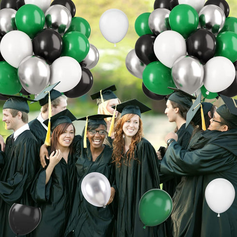 Paready Green Black Balloons - 60 Pcs 12 Inch Dark Green Metallic Silver Balloons for Party Decorations