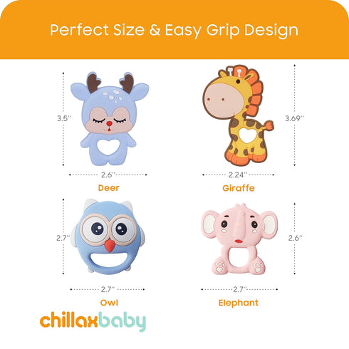 CHILLAX Teether Toys - Soothing Non-BPA Silicone Teethers for Babies 3+ Months, Easy-to-Grip, Dishwasher-Safe