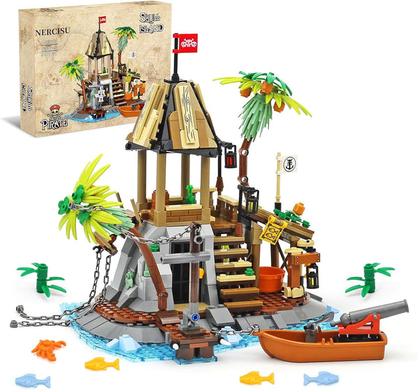 NERCISU Pirate Skull Island Building Toys with Pirate Ship, Skeleton, Prison, Cannon, Sailing