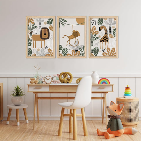 YWJKWLGS Set 3, 16x24 Inch Boho Safari Nursery Wall Art of Natural Solid Wood Framed Animal Print, Giraffe Monkey Lion