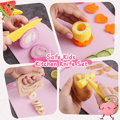 Set 3 4 5 6 7 8 Kids Kitchen Knife for Real Cooking with Storage Box Pink, Montessori Kitchen Toy with Cutting Board