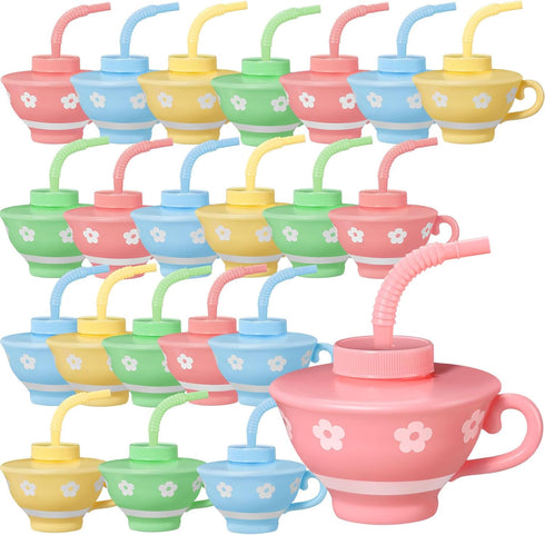 Zhehao 24 Pieces Plastic Tea Cups with Lids and Straws for Kids Tea