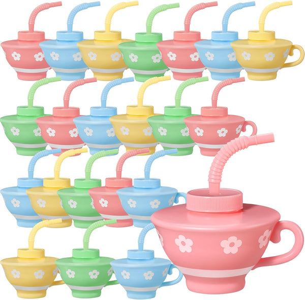 Zhehao 24 Pieces Plastic Tea Cups with Lids and Straws for Kids Tea