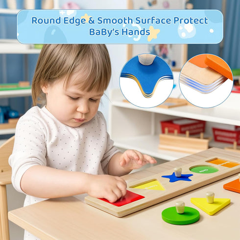First Jumbo Knob Wooden Shape Puzzles for Toddlers 1-3, Montessori Peg Shapes Puzzle Sorter Board