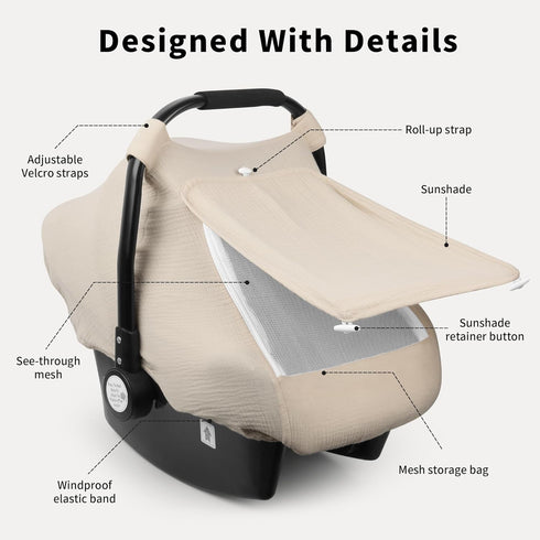 Summer Rquite Car Seat Cover Baby, Carseat Covers Girl Boy, Breathable Muslin Cotton, Large Mesh Window, Infant Car
