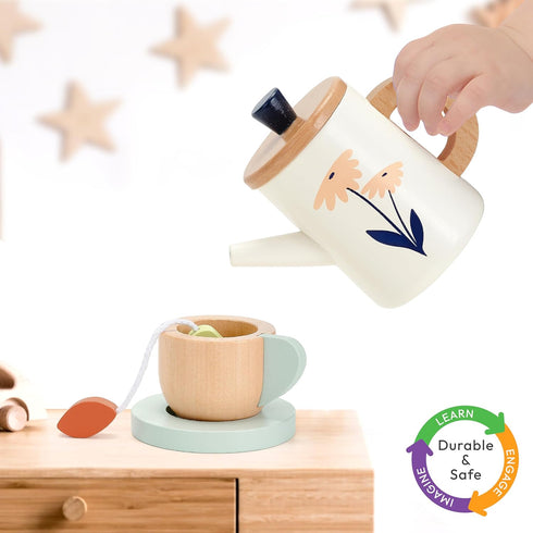 Set 19-Piece Set 3+ PairPear Wooden Tea for Kids, Pretend Tea Time Play with Tray, Wooden Tea Toys for Toddlers