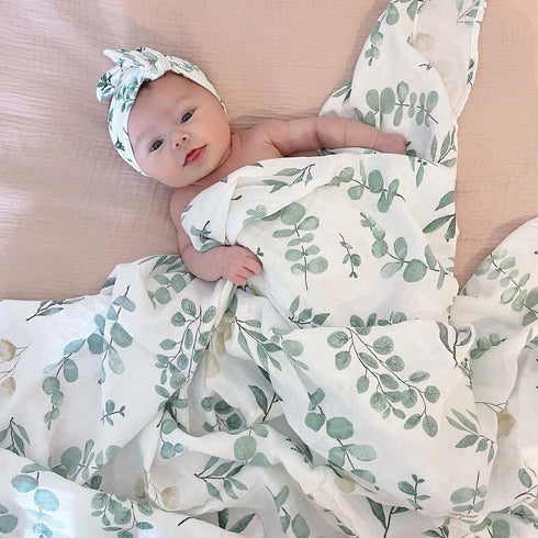 Set LifeTree Newborn Swaddle with Matching Hat and Headband Bow, Wooden Birth Announcement Card, Muslin Baby Swaddle
