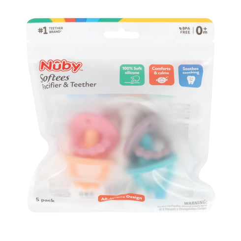 Nuby Silicone Softees Pacifier and Teethers - 5-Pack Silicone Baby Pacifiers and Teethers - 0+ Months