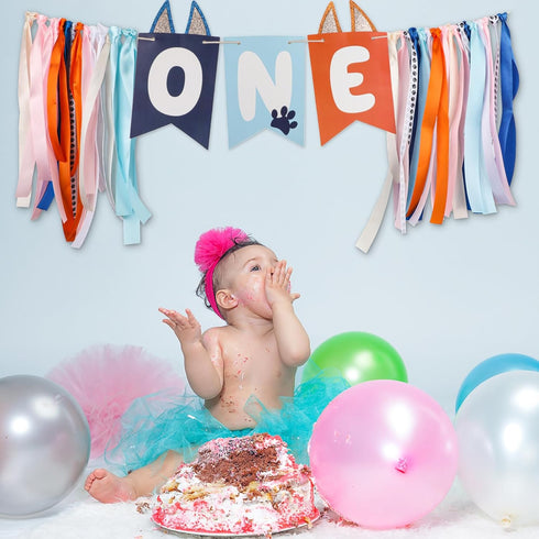 Gosknor Light Blue Navy Brown Orange First Birthday High Chair Banner, Cute Puppy Paw Print Highchair Garland, One