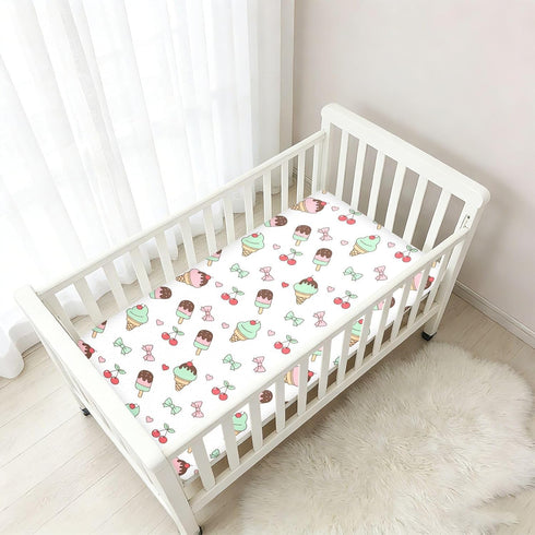 Jynexis 52x28 Ice Cream Cherries White Print Baby Crib Sheets, Cotton Fitted Crib Sheet, Soft Breathable, Fits Standard