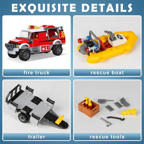 Set Playset City Fire Truck Building with Rescue Boat Building Blocks - Educational for City Fire Rescue - Birthday