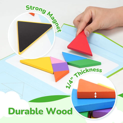 BenBen Travel Tangram Puzzle with Magnetic Wooden Shapes, Extra Large Dual-Sided Magnet Surface, Color Pattern IQ Book