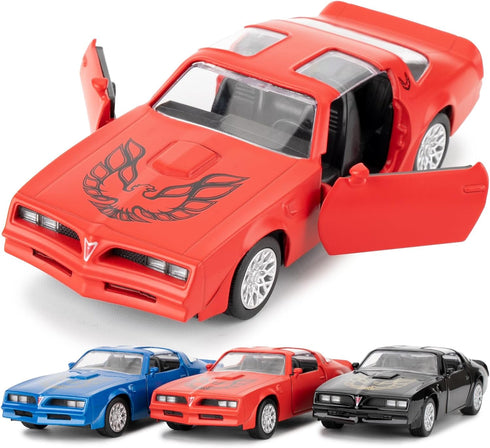 1:36 Compatible Pontiac Firebird Trans Am Toy Car, Diecast Pull Back Model, Doors Open, Gift (Red)