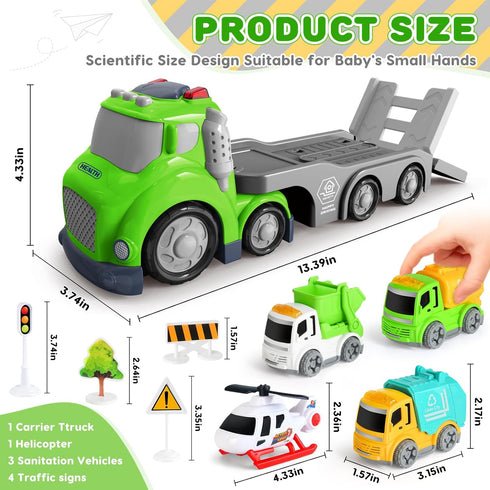 1, 2, 3, 4 Set, IJIGU Truck Toys for Toddler Year Old Boy, City Sanitation Transport Trucks Toy Ideal Christmas