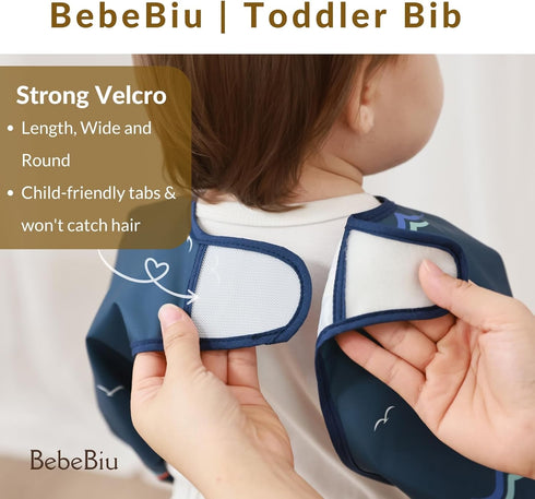 BebeBiu Long Sleeve Baby Bib, Waterproof Fabric, Catch-All Pocket, Baby Smock Bib, Adjustable Sleeves