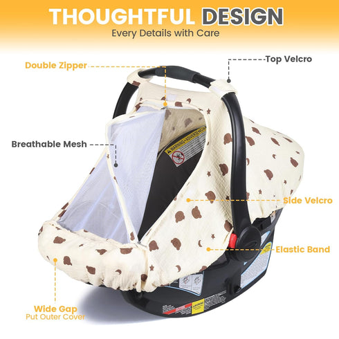 Orzbow Cotton Baby Car Seat Cover, Breathable Car Seat Canopy for Girls Boys with Mesh Window, Lightweight Baby Carrier