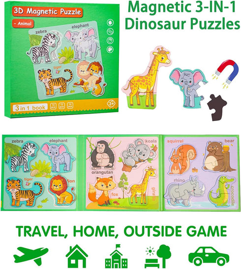 Animal Activities Toy Wooden Jigsaw Puzzles Book for Boys & Girls 2-4, Magnetic Puzzles for Toddlers 1-3, Travel