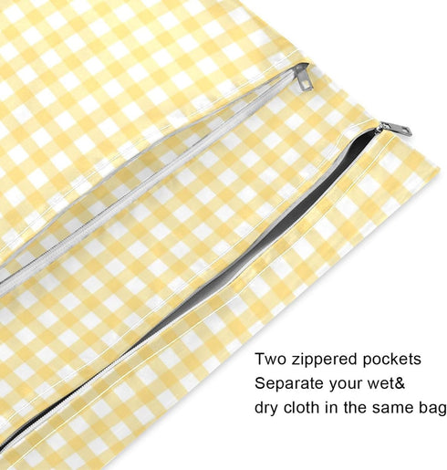 Gravopti Set 2, Yellow Gingham Wet Dry Bags of Reusable Waterproof Organizer with Zipper Pockets for Baby Diapers