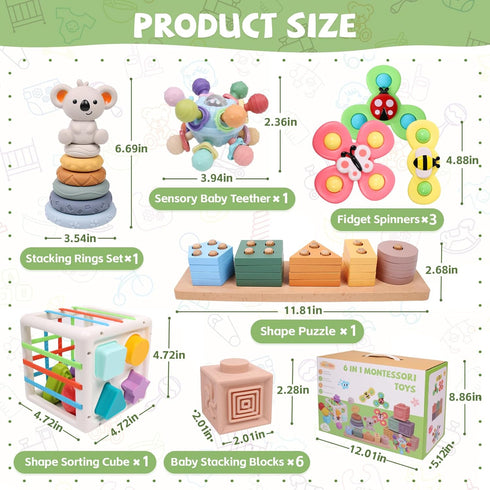 6-in-1 0-6 6-12 1-3, Set 6 YHHYTOY Montessori Baby Toys Months, Infant Teething Toys Soft Stacking Blocks Rings Shape