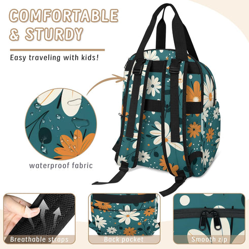 Shoblo Backpack Retro Daisy Flowers Diaper Bag for Travel, Waterproof Diaper Bag with Insulated Bottle Pockets & USB