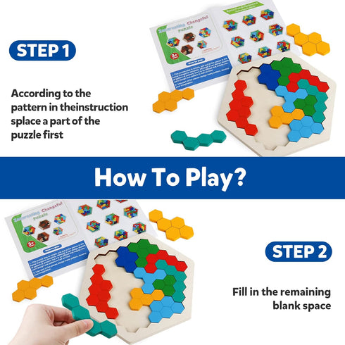 Skrtuan Wooden Blocks Puzzle for Kid Adults Brain Teaser Hexagon Puzzles Games Toy Shape Pattern Block Tangram Geometry