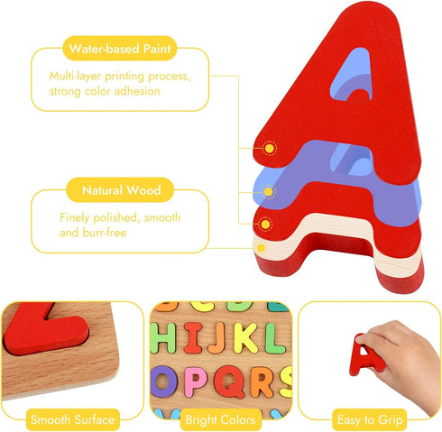 3 4 5 Alphabet Puzzle, Wooden Puzzles for Toddlers Year Old, ABC Letter Puzzle, Educational Learning Toys for Kids