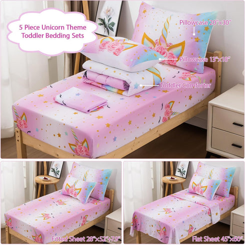 Girls,5 3D Set 2 Pillowcases,1 Sheet,1 42" 57") JQinHome Toddler Comforter for Piece Bed in A Bag Unicorn Theme Bedding