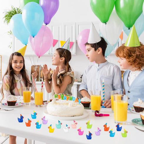 100 Pack Mini Resin Ducks, Multicolor Tiny Ducks Wearing Party Hats for Micro Landscape Dollhouse Garden