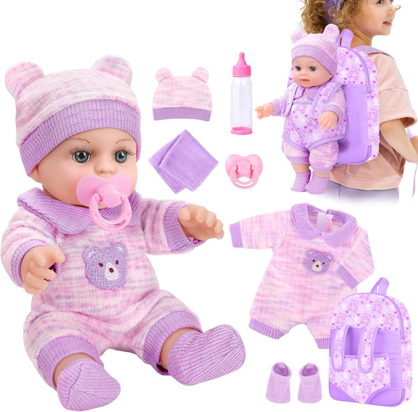 XFEYUE 12'' Baby Doll with Bear Pattern Backpack in Gift Box,Including Clothes Accessories,
