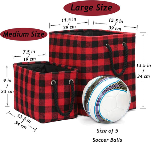 Large Rectangular Foldable Storage Baskets, Cotton Rope Handles, Soft Felt Fabric Bins, Red Black Grid