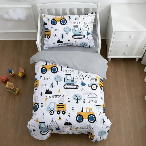NTBED 4 Pieces Construction Toddler Bedding Set for Baby Boys,Tree Truck Vehicles